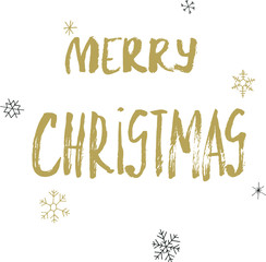 Christmas golden calligraphy. Merry christmas greeting text with snowflakes. Hand written modern brush lettering with decorative snowflakes. Hand drawn design elements. Festive sign card.