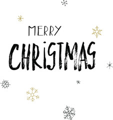 Christmas black calligraphy. Merry christmas greeting text with snowflakes. Hand written modern brush lettering with decorative snowflakes. Hand drawn design elements. Festive sign card.