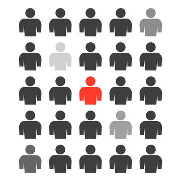 The icon of a group of people with different degrees of selection of several persons from the total mass and one person highlighted in red. Vector illustration on white background
