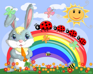 Bunny with a carrot in the meadow near the rainbow. Spring, love, postcard