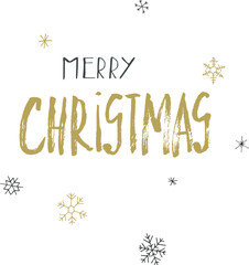 Christmas golden calligraphy. Merry christmas greeting text with snowflakes. Hand written modern brush lettering with decorative snowflakes. Hand drawn design elements. Festive sign card.