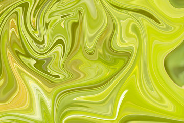 Liquify Abstract Pattern With Green, Lemon, Lime And Yellow Graphics Color Art Form. Digital Background With Liquifying Flow.