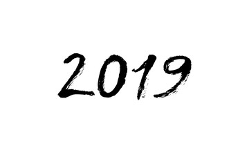New year greeting black ink calligraphy. 2019 year text. Hand written modern brush lettering. Hand drawn holiday design elements. Festive sign card.