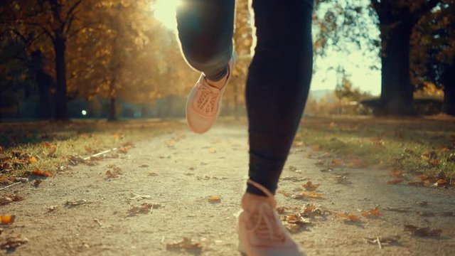 Sport Woman running walking in the fall forest on sunny autumn day, close-up legs sport shoes
