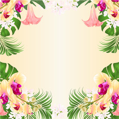 Fototapeta na wymiar Floral frame background witht ropical flowers floral arrangement, with beautiful yellow orchid palm,philodendron and Brugmansia vintage vector illustration editable hand draw