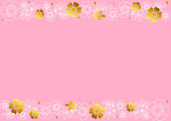 Obraz na płótnie Canvas Pink background with decorative stripes align top and below with golden and white outline flowers and leaves for decoration, scrapbooking paper, wedding, invitation, greeting card, text, certificate