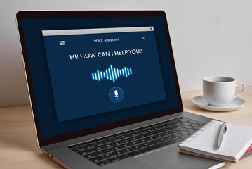 Voice assistant concept on modern laptop computer screen