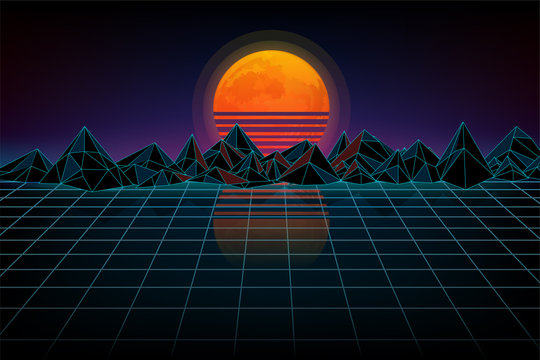 Futuristic retro landscape of the 80`s.Wireframe terrain polygon landscape design. Background retro wave. Night digital landscape, moon, mountains 
and a laser grid, wave music.