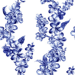 Hand drawn charcoal pencil illustration flowers of the blue pulm blossoms in vintage style. Beutiful elegant seamless pattern in graphic style on a white background