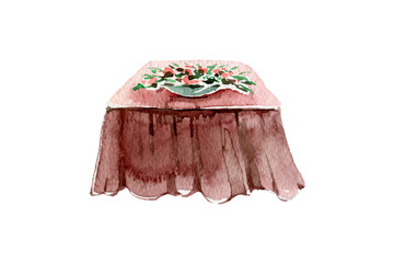 Watercolor hand-paint. Table with pink tablecloth and flower arrangement. Illustration isolated on white