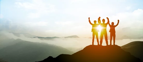 Deurstickers Silhouette of Business team show arm up on top of the mountain. Leadership and success Concept. © metha275