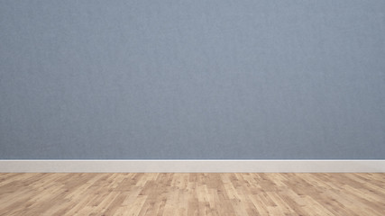 Blue concrete wall and wood floor 3d rendering