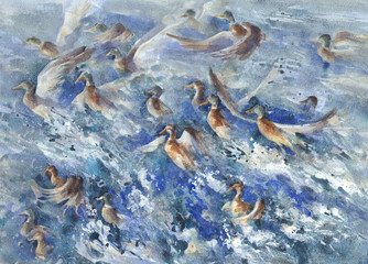 A flock of ducks in the sea splashes watercolor