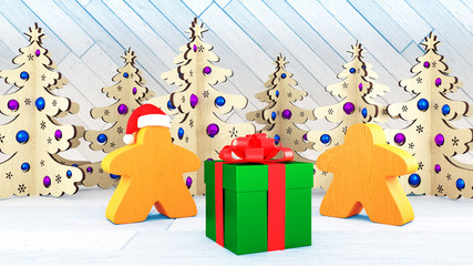 Xmas and New Year in the style of board games. Two orange Meeples stand by a gift box. Christmas decorations trees. 3d Illustrations