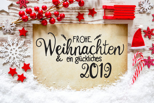 Bright Red Decoration, Calligraphy Glueckliches 2019 Means Happy 2019