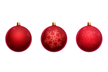Set of christmas balls of red color isolated on white background. Christmas decorations, ornaments on the Christmas tree.