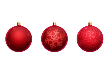 Set of christmas balls of red color isolated on white background. Christmas decorations, ornaments on the Christmas tree.