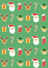Christmas pattern with Santa Claus, an elf, a reindeer, a gift, a sock and a candy cane on a green background