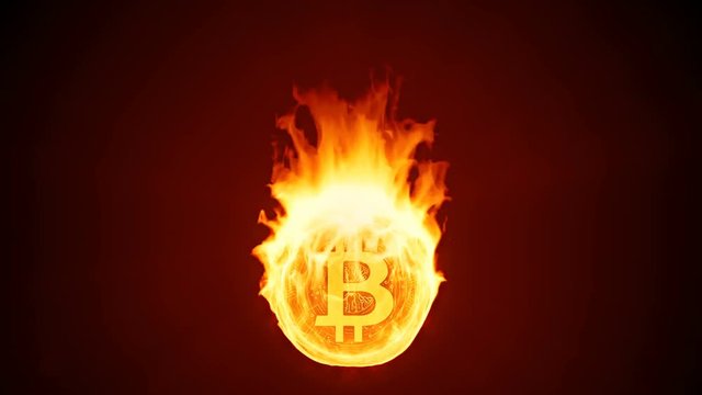 Bitcoin cryptocurrency burning in fire. Gold coin burns down. Red bearish market decline, crash and blockchain bubble. Crypto capitalization in flames concept 3D animation with alpha matte channel. 4K