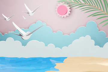 Paper art style of Sea with beach and cloud background under the sunlight, Origami summer time and travel concept, Easy to use by print a special offer or whatever you want, 3D rendering design.