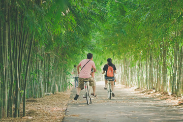 Happiness couple ride a bicycle in the bamboo park