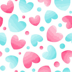 Light blue and pink hearts and dots. Seamless vector pattern with watercolor effect