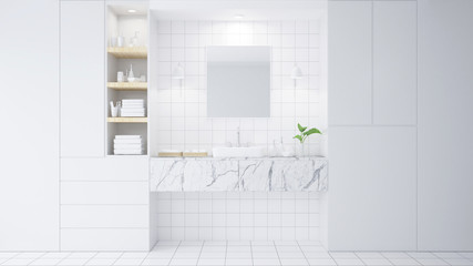 Modern white bathroom 3d rendering image. There are white tile wall and floor.