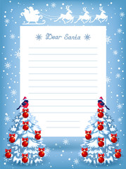 Layout letter to Santa Claus with two fir tree and sleigh with reindeer team