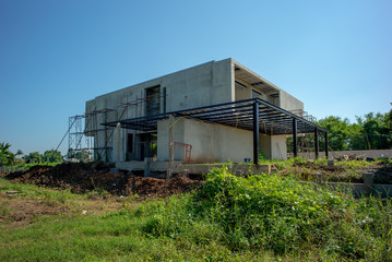 Perspective and landscape of house under construction with blue sky in background