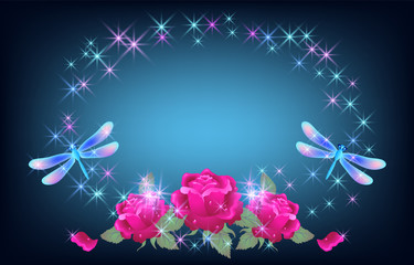 Sparkle oval frame with dragonfly and roses with shiny smoke and glowing stars frame with dragonfly and roses with shiny smoke and glowing stars frame with dragonfly and roses with glowing stars