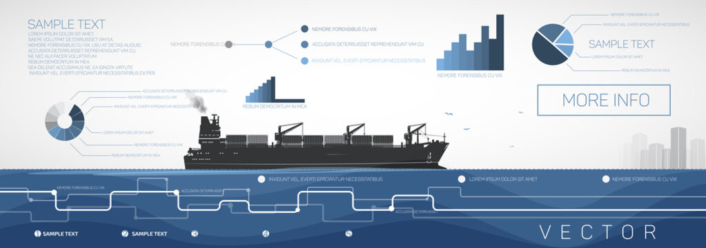 Container ship sailing on the sea or ocean, vector infographics.