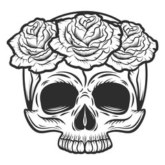 Vintage human skull with rose flowers tattoo concept isolated vector illustration