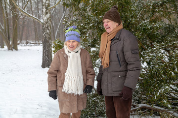 Fototapeta na wymiar Altes Paar Senioren lachen im eingeschneiten Park