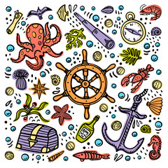 Sea adventures card. Marine hand drawn vector objects. Doodle style vector illustration.