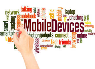 Mobile devices word cloud hand writing concept