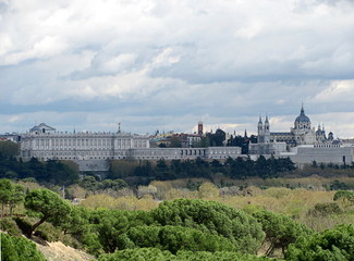 Fototapeta na wymiar Panoramic view of Almudena Cathedral and Royal Palace in Madrid, Spain
