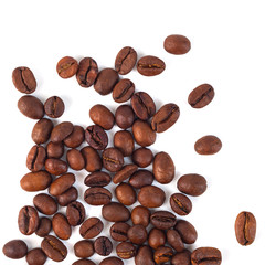 Roasted coffee beans isolated on white background. Three coffee beans