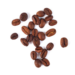 Roasted coffee beans isolated on white background. Three coffee beans