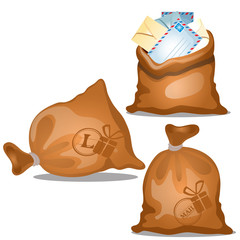 A set of canvas bags of letters and parcels in envelopes isolated on white background. Vector cartoon close-up illustration.
