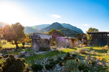 Ruins of the antique city Sidyma among beautiful mountains