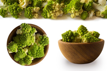 Top view. Set of Roman cauliflower. Roman cauliflower on wooden bowl isolated on white. Roman cauliflower close up. Fractal texture of romanesco broccoli. Roman cauliflower with copy space for text.