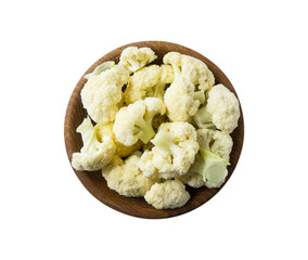 Top view. Cauliflower in wooden bowl isolated on white background. Cauliflower with copy space for text. Cauliflower on white background. 