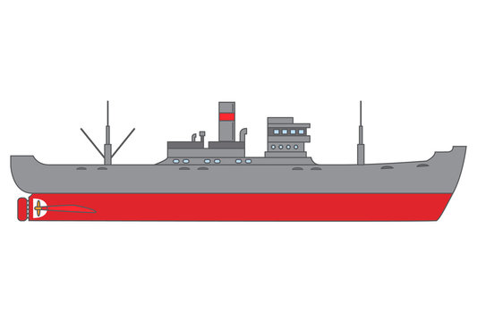 Old sea merchant ship. The freighter with the diesel engine and a pipe. The bulk carrier in flat style in a vector.The ship on delivery of goods.Element of design of the websites, games, infographics.