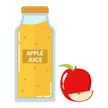 Glass bottle with natural freshly squeezed apple juice with pulp. In flat style a vector.Apple fresh fruit food.Design element for booklets of websites.For vegeterianets and vegans.Healthy lifestyle
