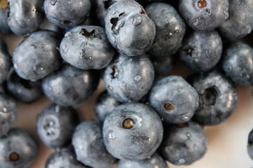 Washed blueberries with water droplets close-up