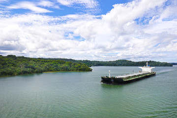 Cargo Ship at Lake Gatun, Panama Canal, Panama. Central America Man made Lake