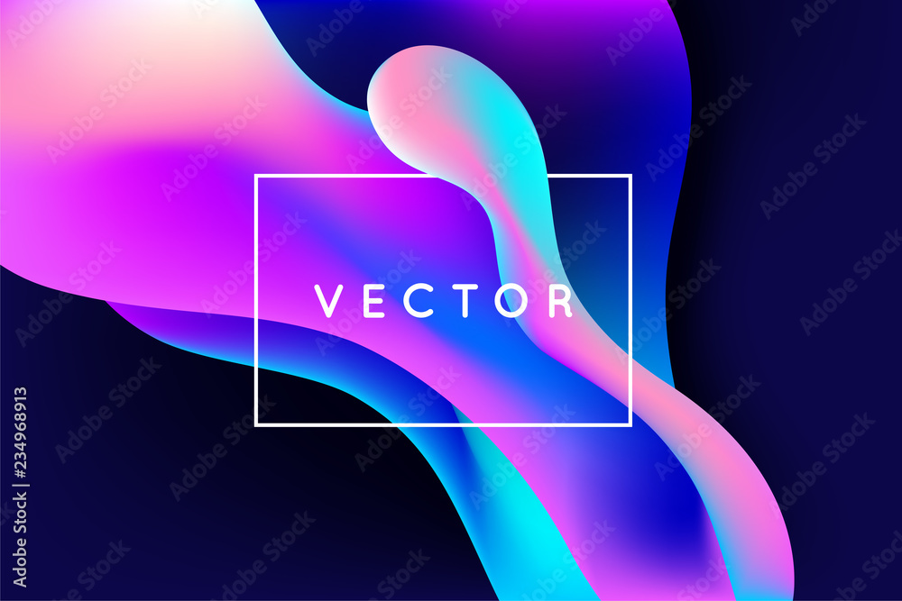 Poster Vector design template and illustration in trendy bright gradient colors with abstract fluid shapes, paint splashes, waves and copy space for text