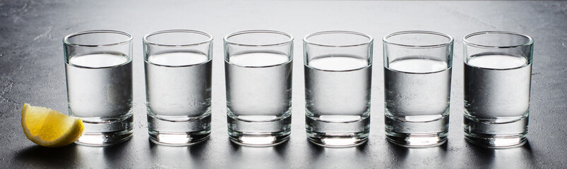Vodka in glass glasses. Piece of lemon. Horizontal photo