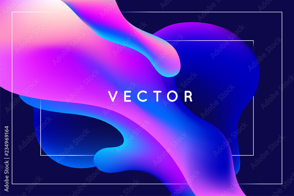 Poster Vector design template and illustration in trendy bright gradient colors with abstract fluid shapes, paint splashes, waves and copy space for text -