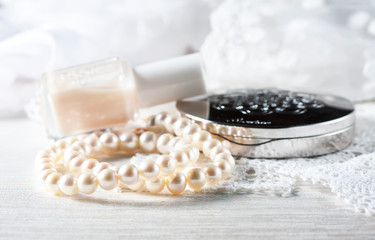 White pearl necklace, women's accessories, on handmade lace back